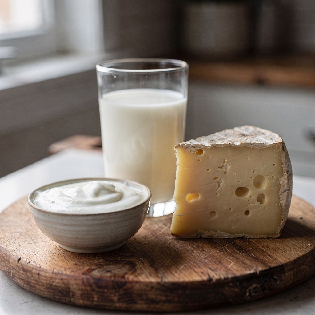 A glass of milk, a wedge of aged hard cheese and a small bowl of plain white yogurt arranged on a round wooden board, centred with calm empty space around them.