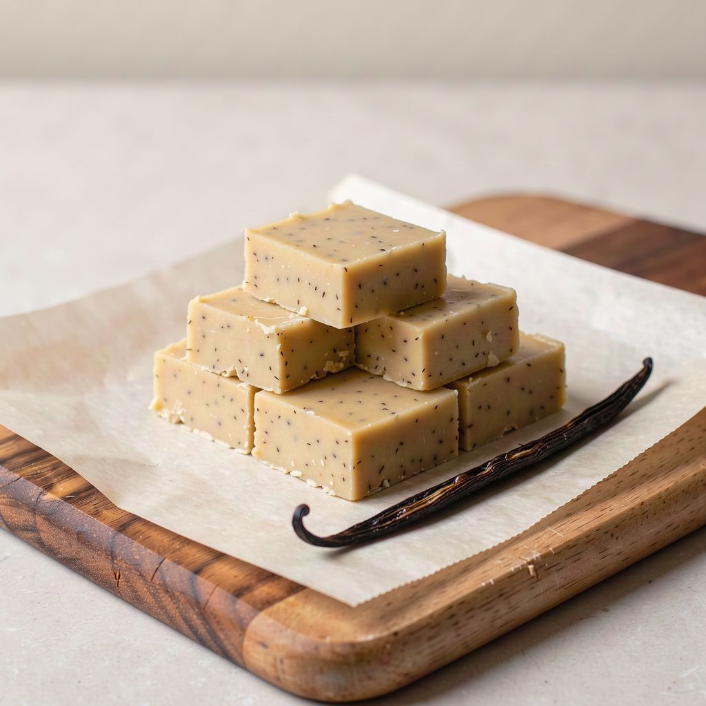 Neat squares of pale golden vanilla fudge stacked on a sheet of baking paper on a wooden board, a split vanilla pod lying beside them, centred with calm empty space around.