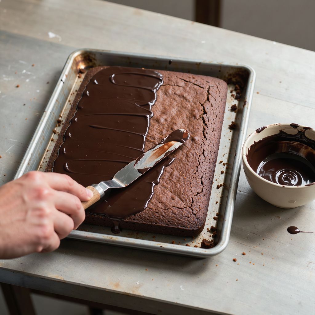 A rectangular sheet of dark spiced gingerbread cake in a metal baking tray, half covered with a glossy dark chocolate glaze being spread by an offset spatula, a small bowl of melted chocolate beside it.