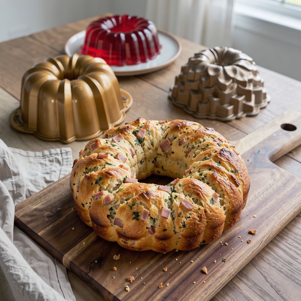 A golden savory ring-shaped loaf studded with ham and herbs, freshly turned out of a fluted bundt pan onto a wooden board, the empty pan lying beside it with a wobbly red fruit jelly ring on a plate in the background.