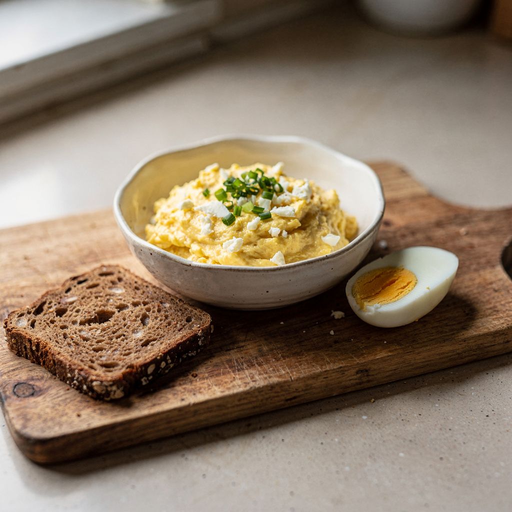 A ceramic bowl of pale yellow egg spread with visible flecks of chopped egg white, scattered with chopped chives, on a wooden board beside a halved hard-boiled egg and a slice of dark rye bread, centred with calm empty space around it.