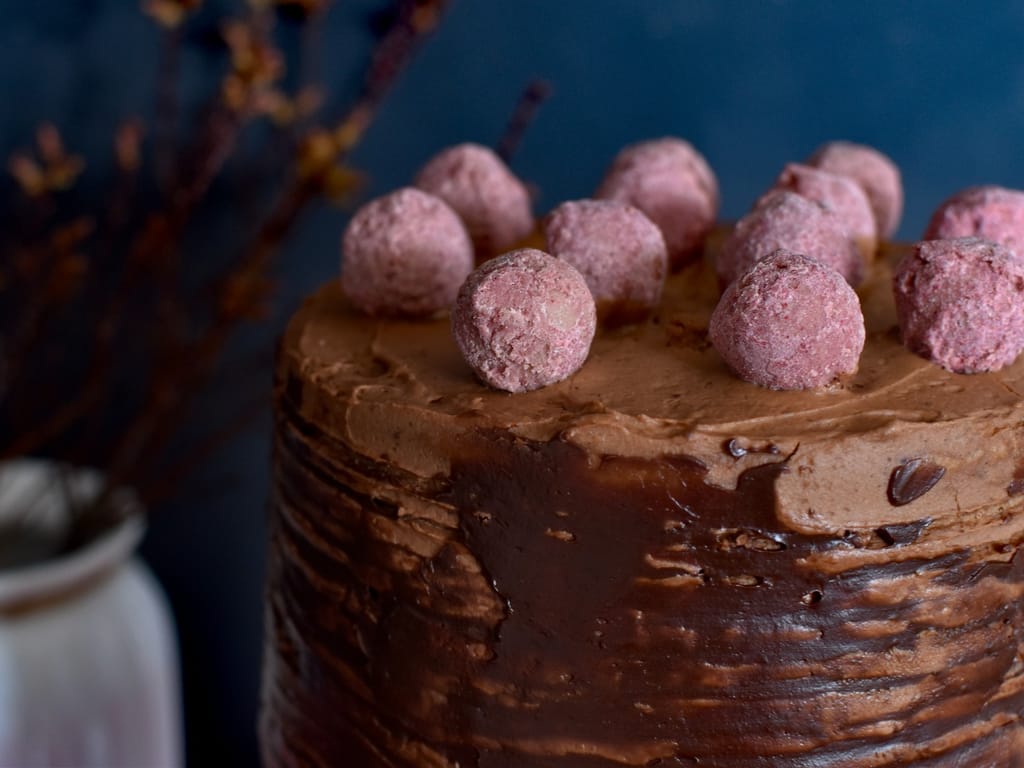 Chocolate Cake with Chocolate and Raspberry Pralines