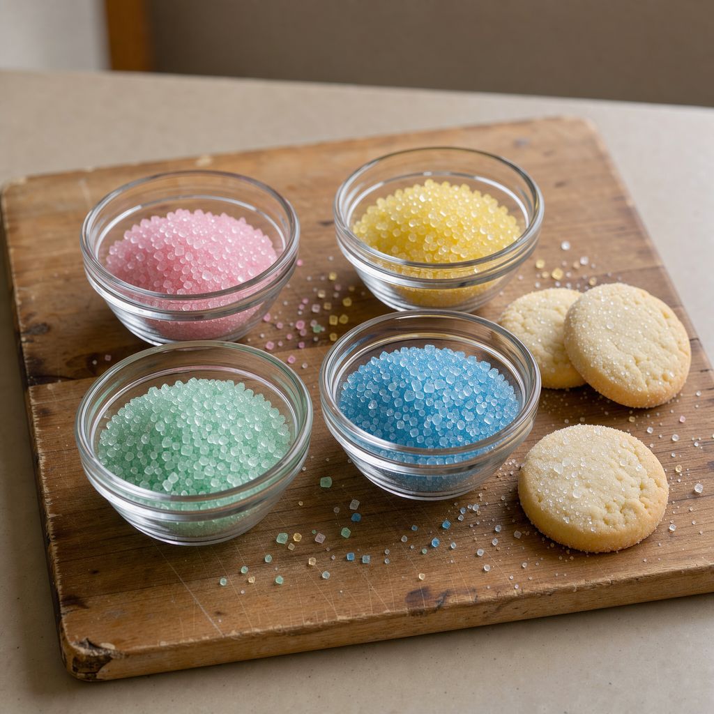 Four small glass bowls of coarse coloured sugar in pink, yellow, mint green and blue arranged in a loose square on a wooden board, with a few sugar-coated round butter cookies beside them.