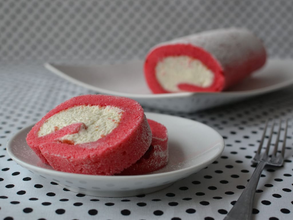 Fluffy Pink Swiss Roll with Cottage Cheese Cream
