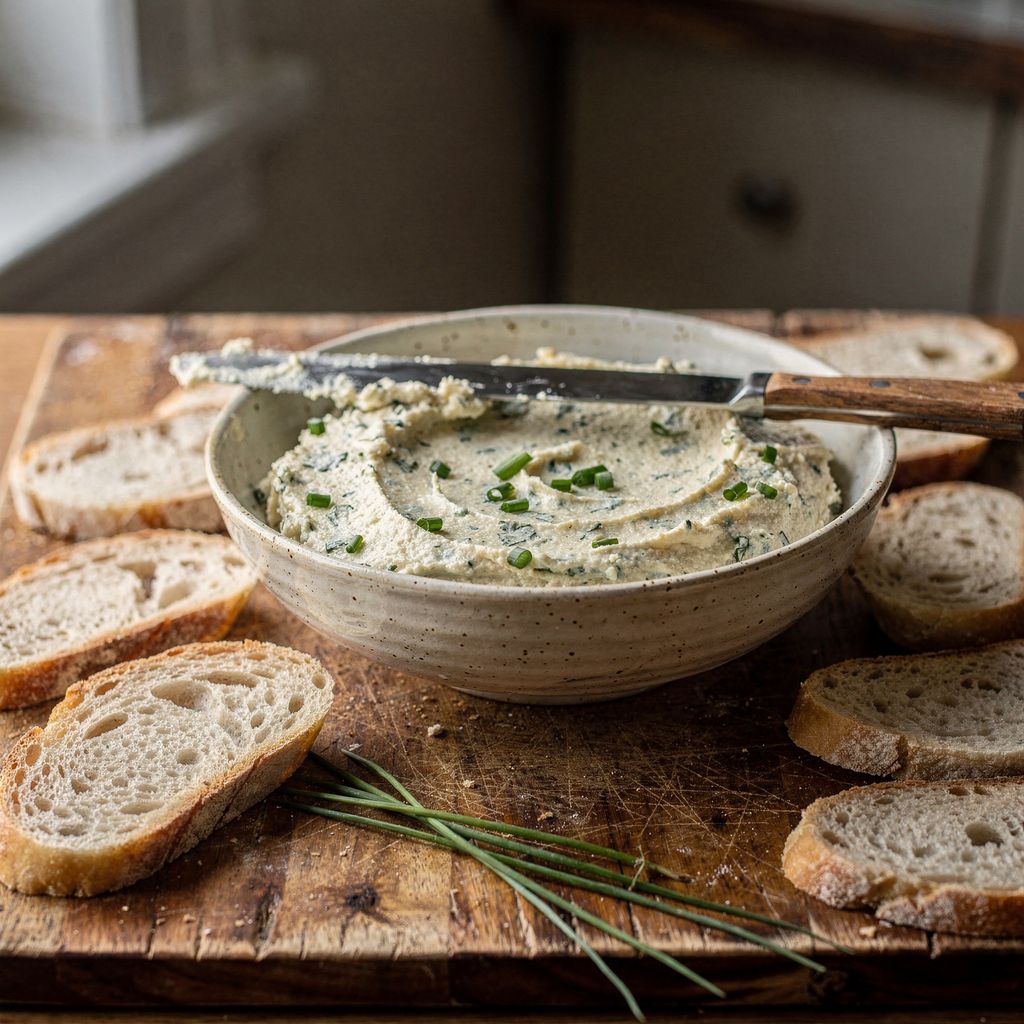 A wide shallow bowl of pale herb-flecked spread on a wooden board, centred, with a small knife resting across the rim and a few oval slices of bread and a sprig of chives arranged loosely around it.