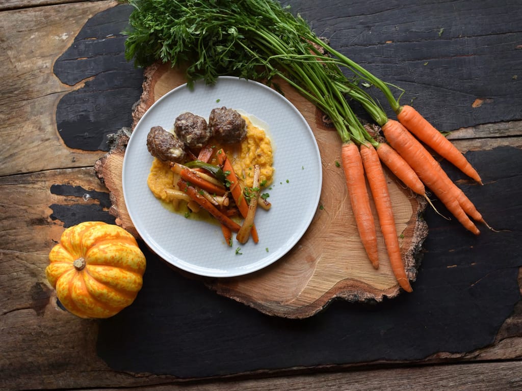 Baked Koftas on Root Vegetables with Pumpkin Purée