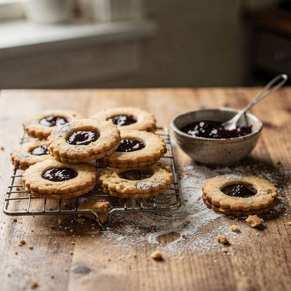 Round jam-filled sandwich cookies with cut-out centres cooling on a wire rack, a small bowl of dark red currant jam and a light dusting of icing sugar beside them on a wooden kitchen counter.