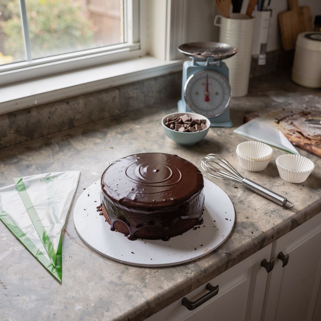 A finished round chocolate cake with glossy ganache on a white cake board, beside a small kitchen scale holding a bowl of dark chocolate pistoles and a whisk resting on the counter, centred in a square frame with calm empty space around.