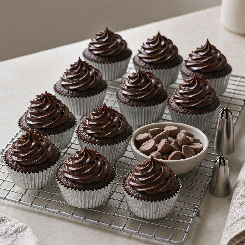 A dozen chocolate cupcakes in plain foil cupcake liners on a wire cooling rack, each topped with a tall piped swirl of glossy dark chocolate ganache, a small bowl of chocolate callets beside them.