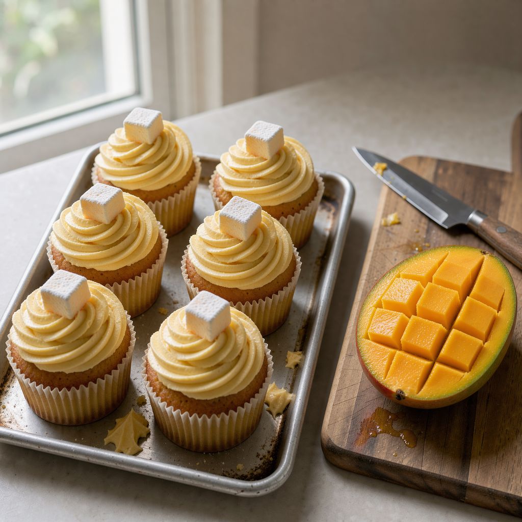 A tray of cupcakes topped with tall swirls of pale golden mango buttercream, each crowned with a small cube of mango marshmallow, beside a halved ripe mango on a wooden board.