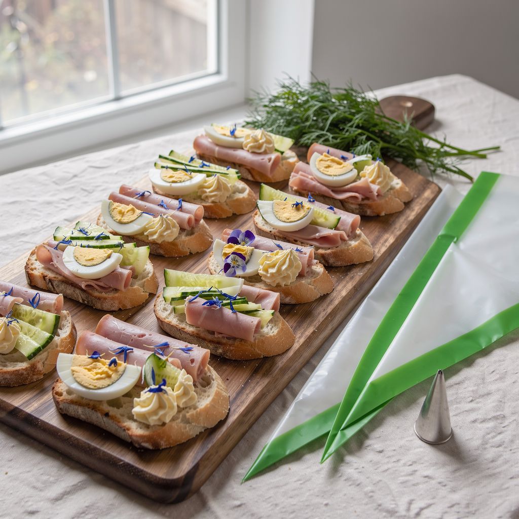 A wooden board with neat rows of open-faced Czech party sandwiches on sliced baguette, topped with ham rolls, egg quarters, cucumber fans, piped butter rosettes and small dried blue cornflower petals and pansies, with a sprig of dill beside the board.