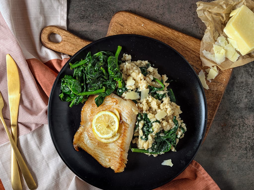 Halibut s italským rizotem a špenátem