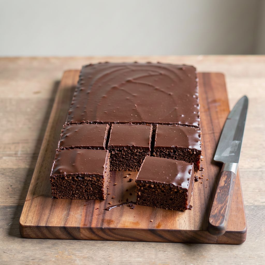 A rectangular chocolate-glazed sheet cake on a wooden board, partly cut into neat squares with clean glossy edges, a long knife resting beside it.