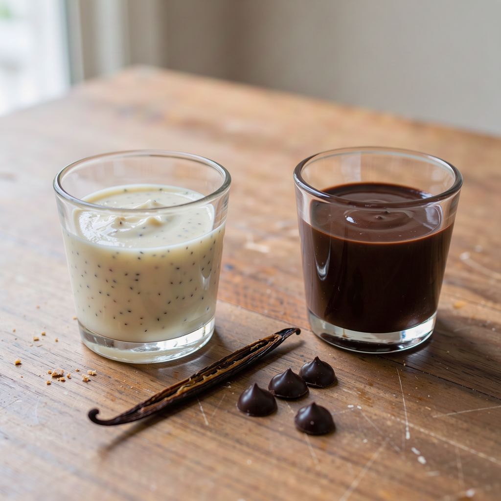 Two small glass cups of pudding side by side on a wooden table, one pale cream vanilla pudding flecked with tiny black vanilla seeds, one glossy dark chocolate pudding, with a split vanilla pod and a few chocolate drops beside them.