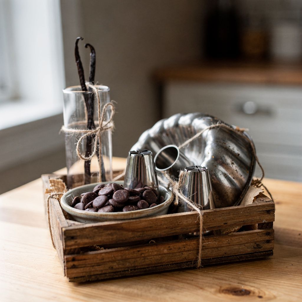 A wooden crate filled with baking gifts on a kitchen table: a small glass tube holding two dark vanilla pods, a bowl of glossy dark chocolate drops, a few stainless piping tips and a fluted bundt pan, tied with plain twine, with calm empty space around the crate.