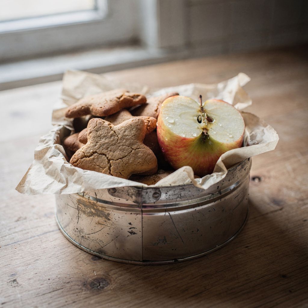 An open metal tin of soft heart- and star-shaped gingerbread cookies stacked between sheets of baking paper, with a halved apple tucked beside them, set on a plain wooden table with calm empty space around it.