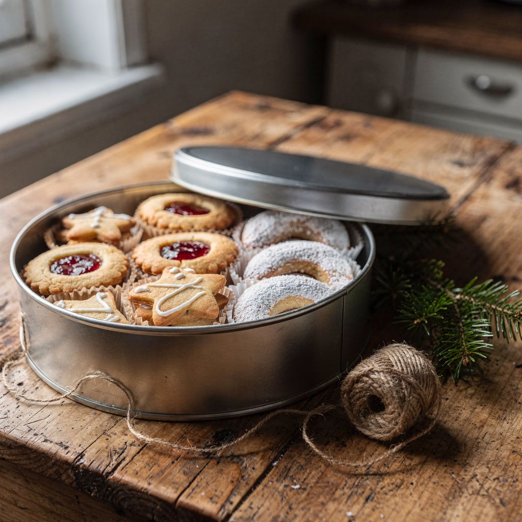 An open round metal tin on a wooden kitchen table filled with rows of Christmas cookies — iced gingerbread, jam-filled shortbread and crescent cookies dusted with sugar — some sitting in small paper cases, with a spool of twine and a sprig of fir beside it.