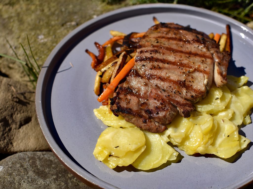 Pan-Seared Pork Neck in Mustard with Root Vegetables
