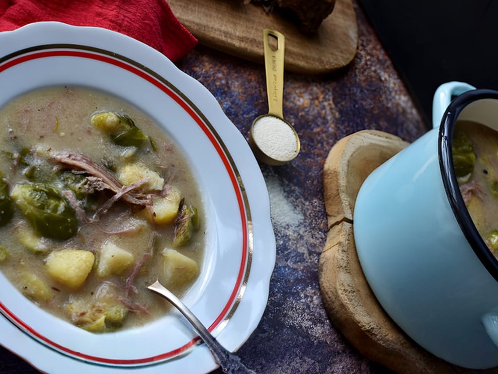 Turkey Soup with Pulled Meat and Brussels Sprouts