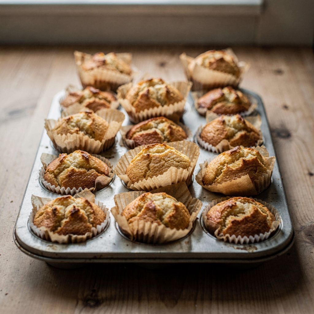 A muffin tin filled with golden muffins with tall, rounded, cracked domes rising above tulip-shaped paper liners, resting on a wooden kitchen counter, square composition centred with calm space around it.