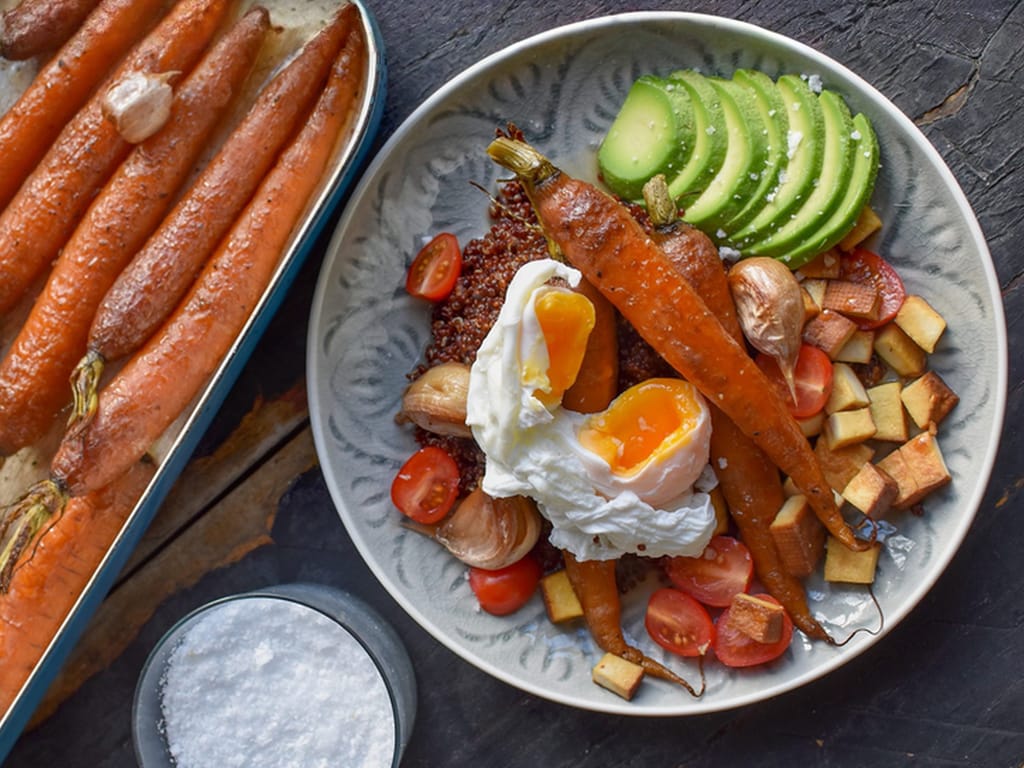 Roasted Carrots with Fried Egg, Tofu and Avocado