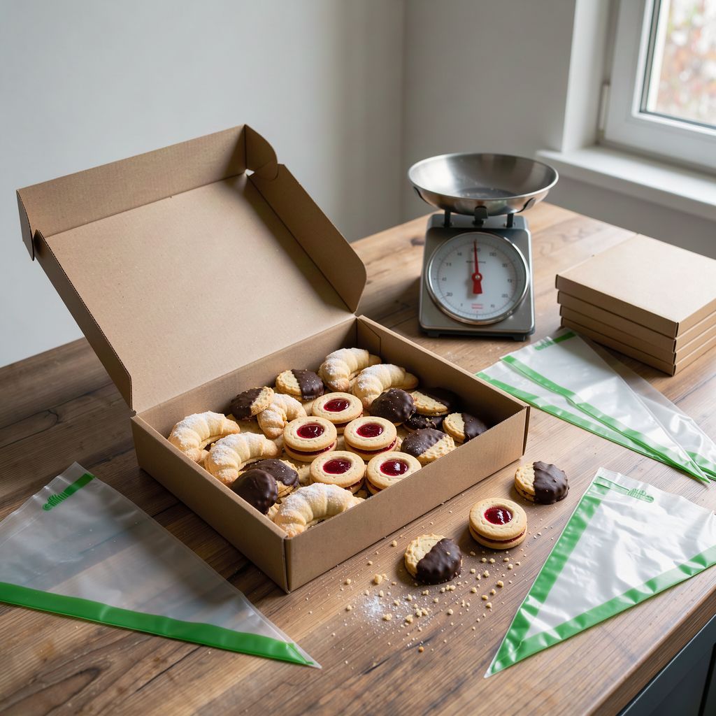 An open cardboard box being filled with assorted Christmas cookies — crescents, jam-filled rounds and chocolate-dipped pieces — next to a kitchen scale and a small stack of empty boxes on a wooden counter.