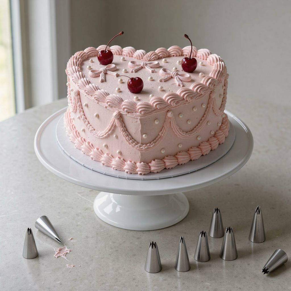 A heart-shaped cake covered in pale pink buttercream, its sides decorated with piped garlands and its edges with tiny shell borders and pearl beads, topped with a few glossy red cherries and small piped bows, standing on a white cake stand with calm empty space around it.