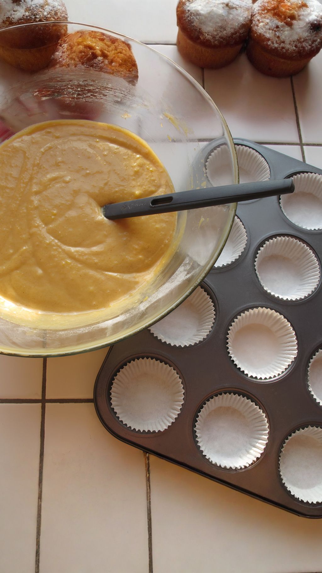Mix the batter and fill the cupcake liners