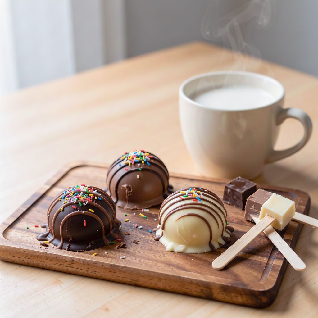 Three round chocolate spheres on a wooden board, one dark, one milk and one white, topped with a drizzle of chocolate and colourful sugar sprinkles, beside a mug of steaming milk and a few chocolate cubes on wooden sticks.