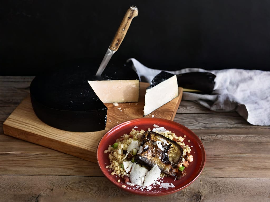 Bulgur with Grilled Eggplant and Aged Goat's Cheese "Parmesan" bon lait