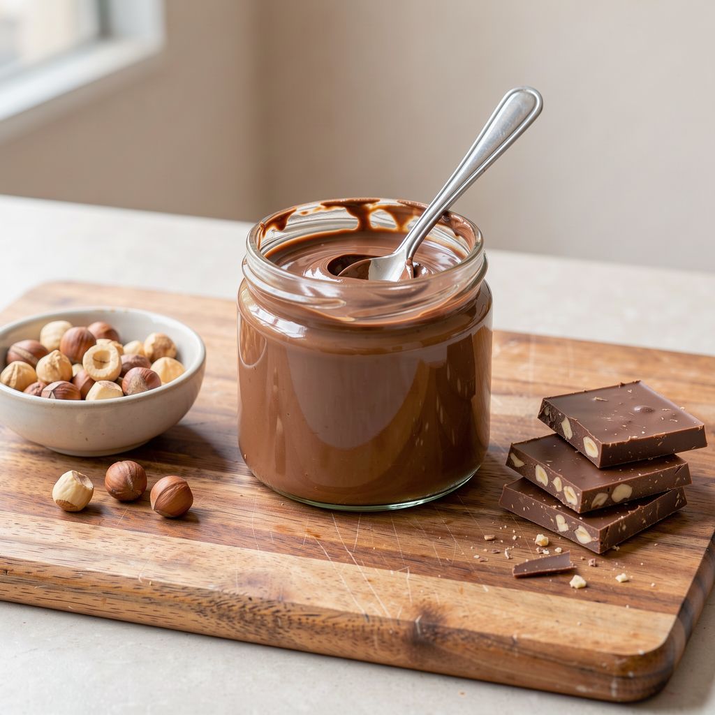 A glass jar of smooth, glossy hazelnut chocolate spread with a spoon resting in it, beside a small bowl of roasted skinless hazelnuts and a few squares of solid hazelnut chocolate on a wooden board, centred with calm space around.