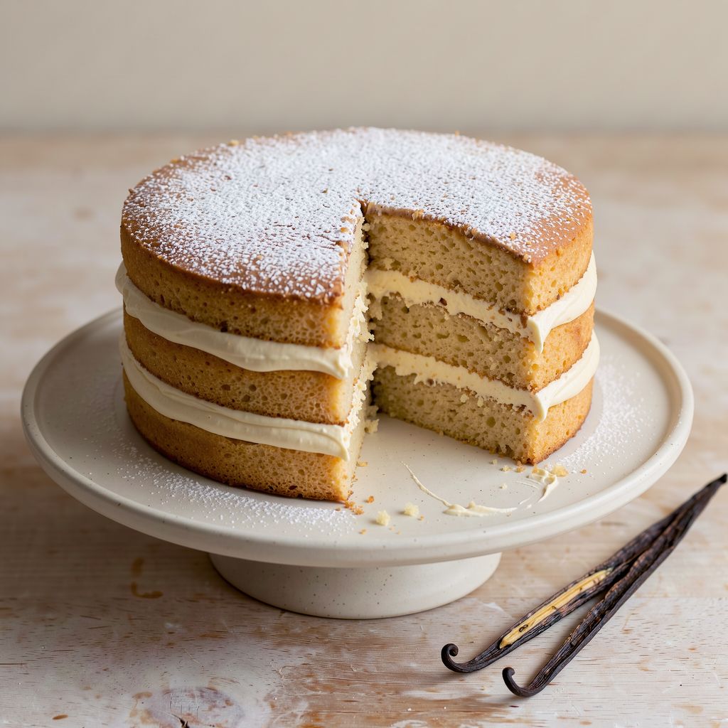 A layered sponge cake on a cake stand with one slice cut away, revealing thick pale vanilla cream between the layers, with a split vanilla pod lying beside it on the counter.