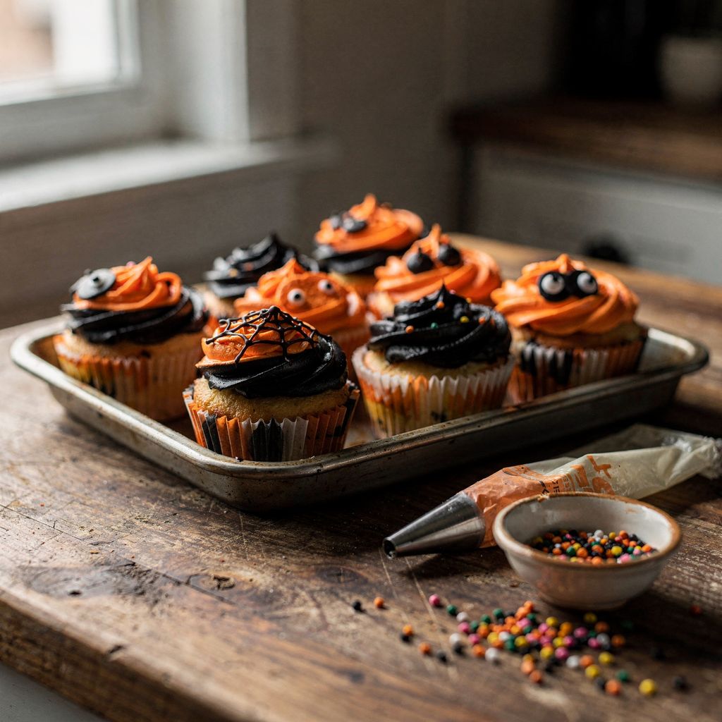 A tray of Halloween-decorated cupcakes with swirled orange and black frosting, one topped with a chocolate spiderweb and another with two small sugar eyes, cooling on a wooden kitchen counter beside a piping bag and a bowl of sprinkles, centred with calm empty space around it.
