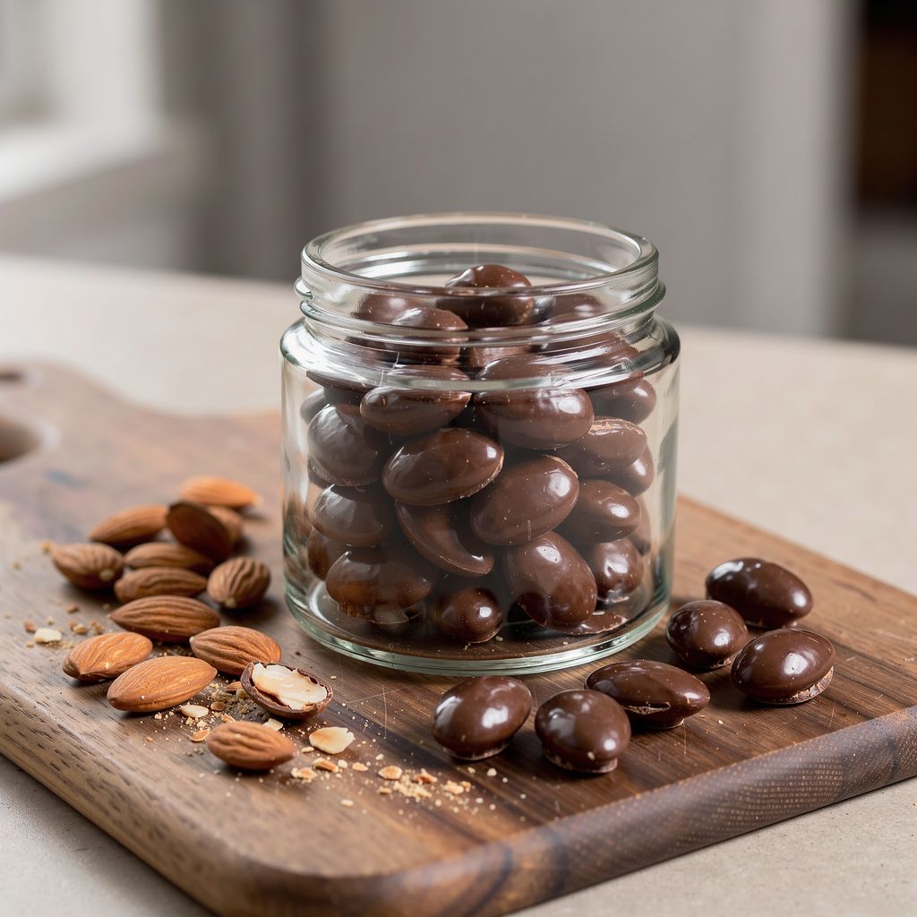 A glass jar filled with glossy chocolate-coated almonds standing on a wooden board, with a few loose coated almonds and some plain roasted almonds scattered beside it.