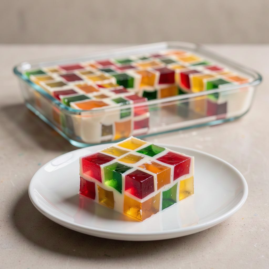 A square slice of mosaic jelly on a small white plate: bright red, yellow, green and orange jelly cubes suspended in creamy white milk jelly, with the rest of the cut jelly slab in a glass dish behind it.