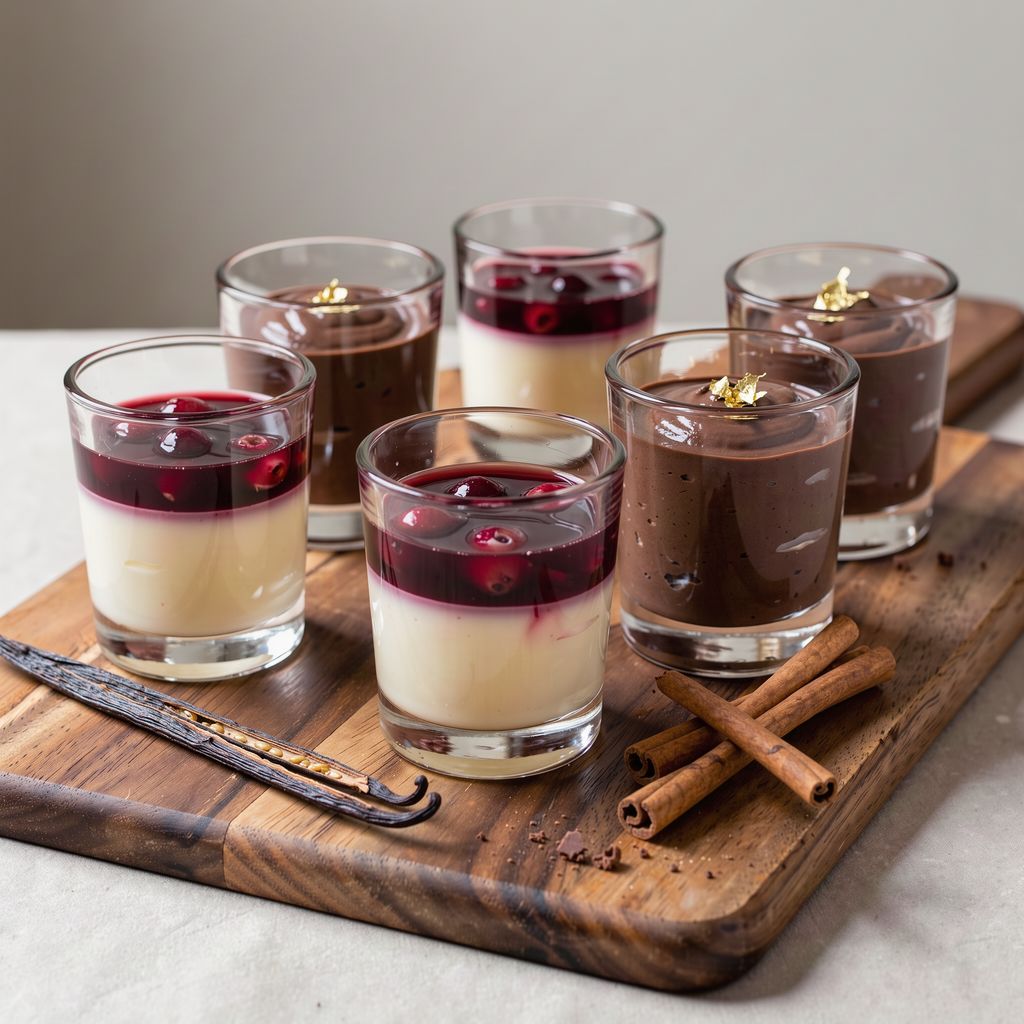 Six small glass tumblers of layered Christmas desserts on a wooden board — vanilla panna cotta under dark red cranberry jelly, and chocolate mousse topped with a tiny flake of gold leaf — with a split vanilla pod and a few cinnamon sticks beside them.