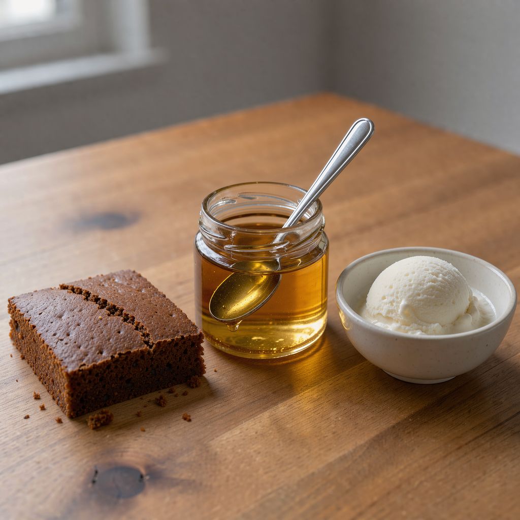 A small glass jar of thick, clear golden syrup with a spoon resting in it, set between a square of dark gingerbread sheet cake and a small bowl of smooth vanilla ice cream on a wooden kitchen counter.