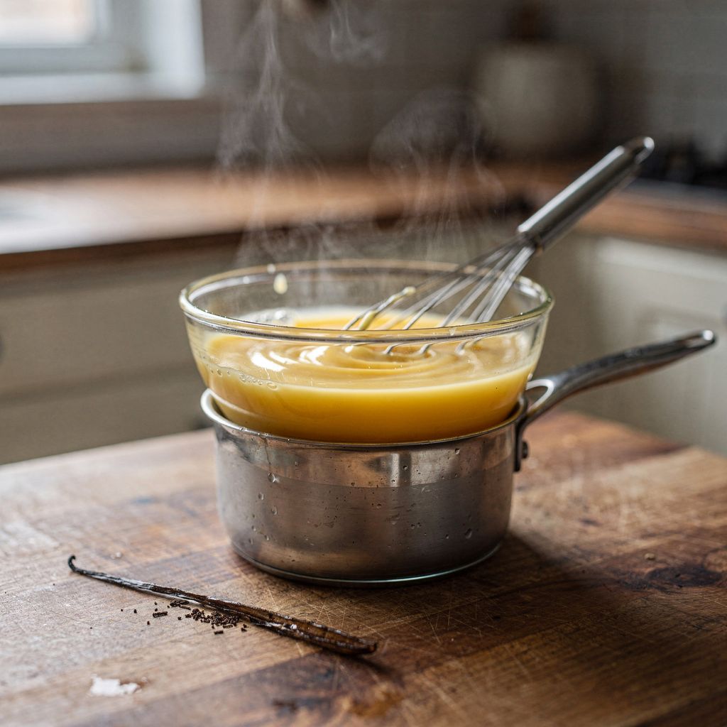 A glass bowl of smooth pale-yellow egg liqueur set over a small pot of gently steaming water, a balloon whisk resting in it and a split vanilla pod beside the pot on a wooden counter.