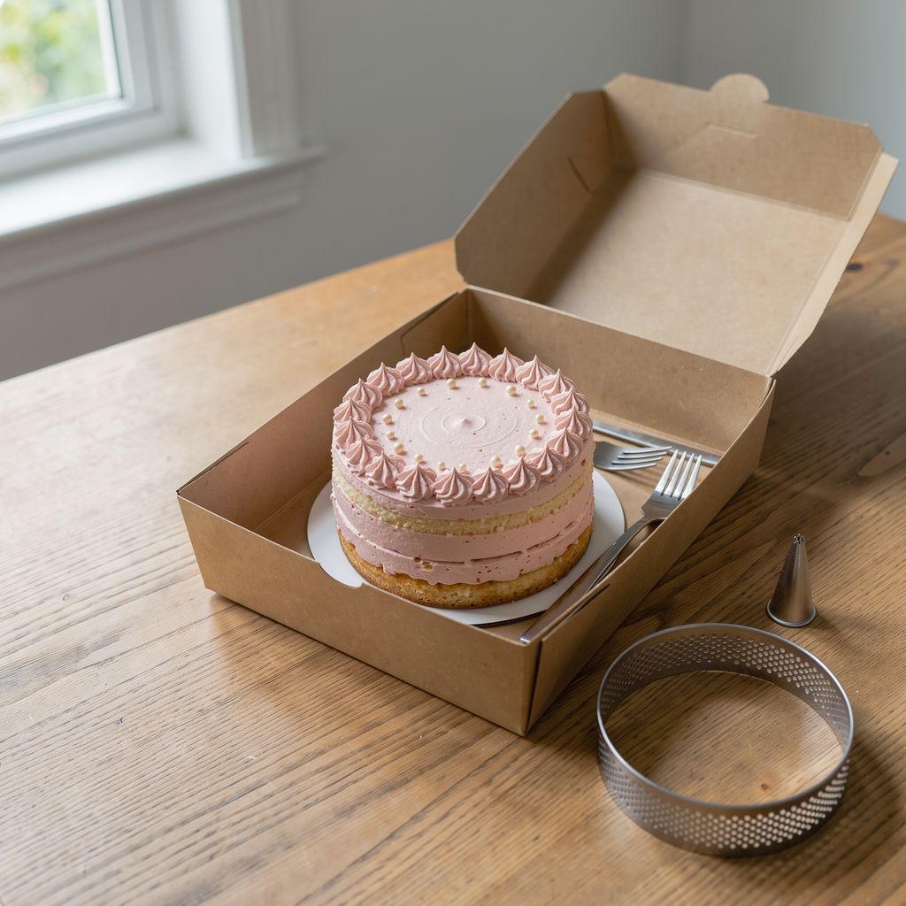 A small round pastel-pink layer cake decorated with a piped star border and tiny cream pearls, sitting in an open kraft paper takeaway box with two small forks beside it on a wooden table.