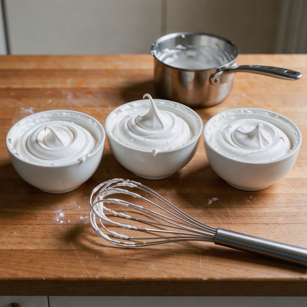 Three white bowls of glossy whipped meringue side by side on a wooden kitchen counter, each with stiff curled peaks, a balloon whisk resting beside them and a small saucepan in the background.