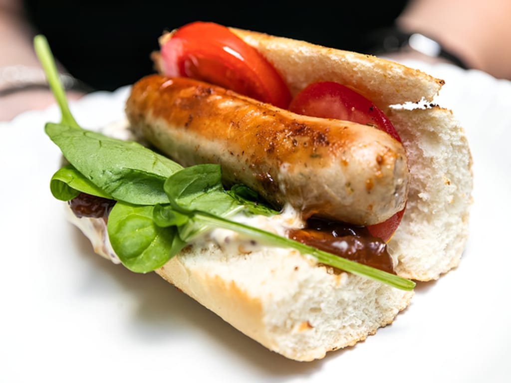 Hot dog s klobásou a hořčičnou majonézou