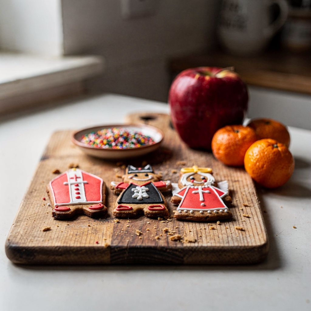Gingerbread cookies shaped like a bishop's mitre, a little devil and an angel, decorated with red, black and white icing, laid out on a wooden board beside a small bowl of colourful sprinkles, a red apple and two mandarins.