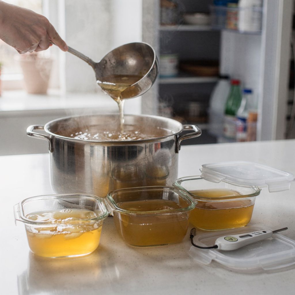 A large stockpot of clear soup being ladled into several shallow glass containers on a kitchen counter, with an open refrigerator and a kitchen thermometer beside them, centred with calm empty space around.