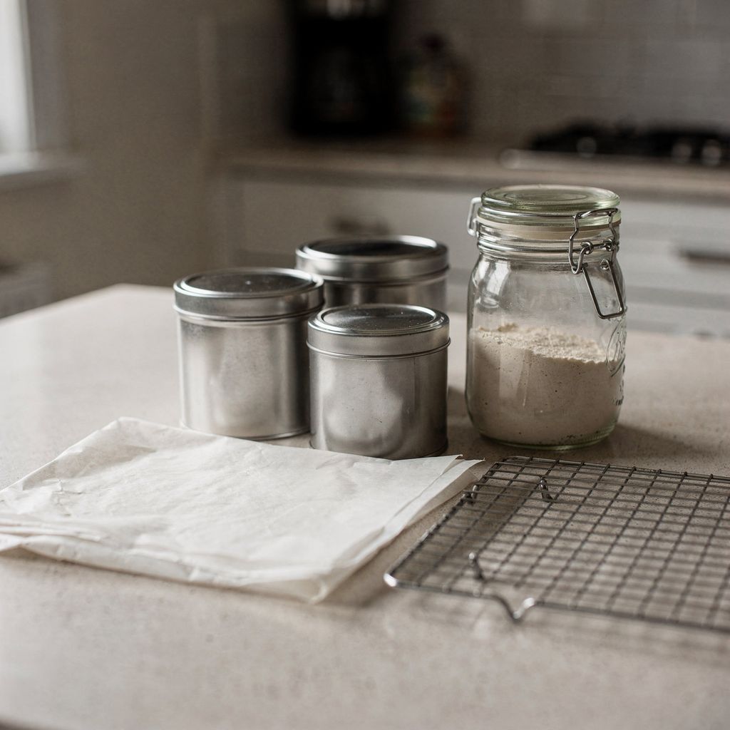 A kitchen counter with three closed metal tins and a glass jar with a clamp lid, a folded sheet of greaseproof paper and an empty wire cooling rack beside them, centred with calm empty space around.