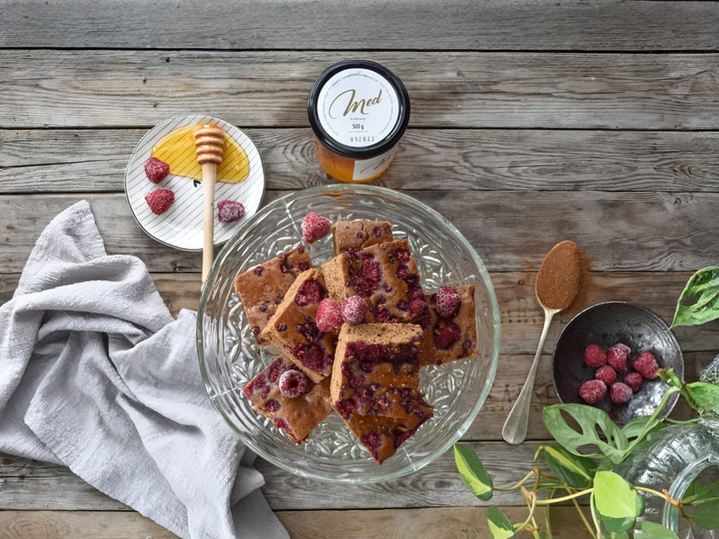 Honey Spelt Gingerbread Cake with Plum Jam and Raspberries