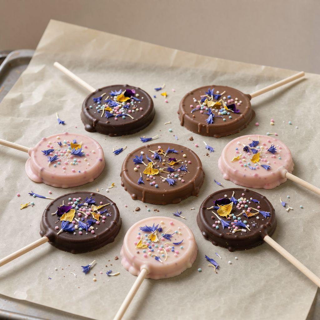 Several round chocolate lollipops in dark, milk and pale pink white chocolate lying on baking paper, their tops scattered with dried pansy petals, blue cornflower petals and pastel sugar sprinkles, wooden sticks pointing outward, centred in a square frame with empty space around them.