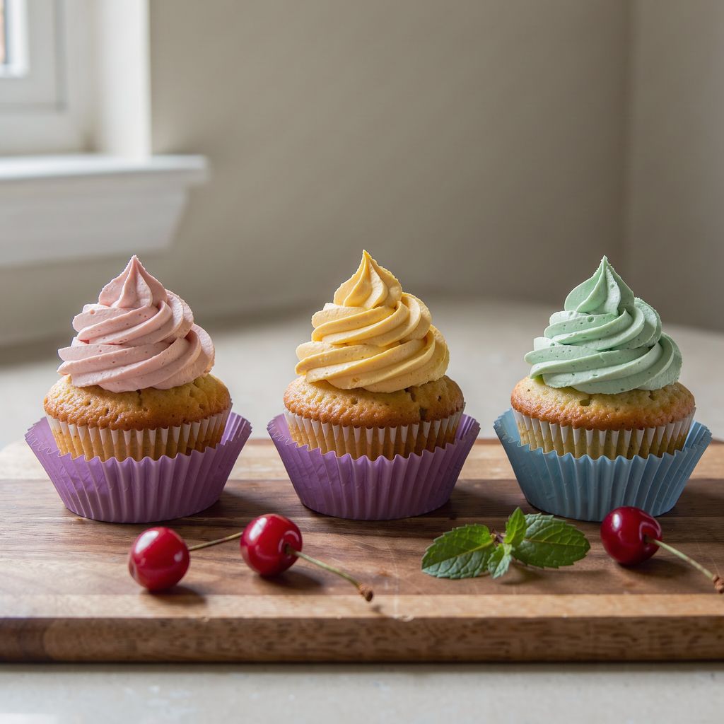 Three cupcakes in paper liners standing in a row on a wooden board, topped with tall piped swirls of pale pink, soft mango-yellow and mint-green buttercream, a few fresh cherries and a sprig of mint beside them.