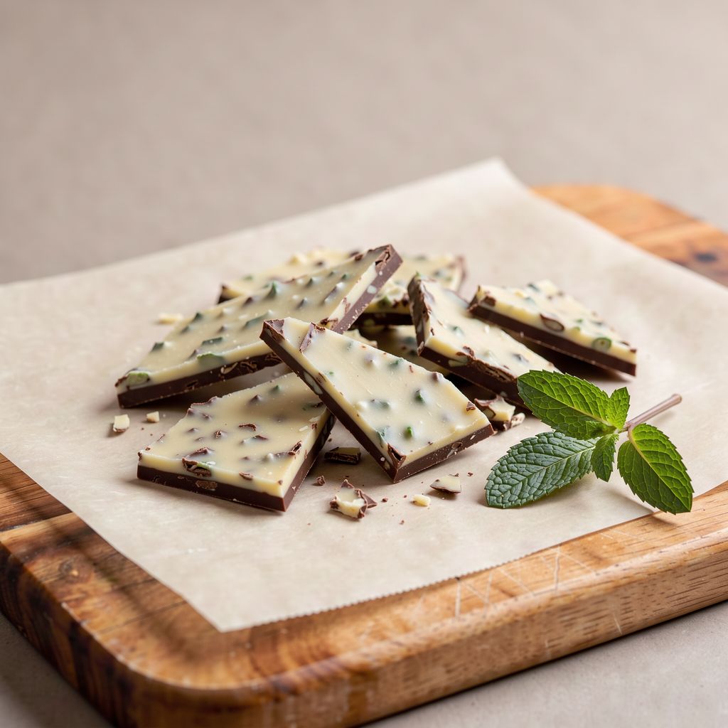 Jagged shards of two-layer chocolate bark, a dark chocolate bottom layer and a white chocolate top layer flecked with pale green, piled on a sheet of parchment on a wooden board, with a few fresh mint leaves beside them, centred in a square frame with calm space around.