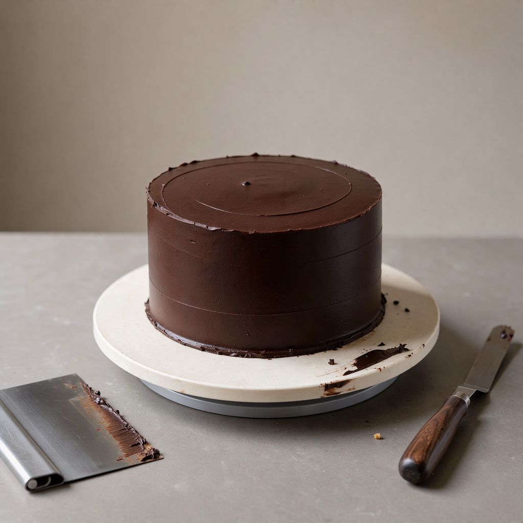 A tall round layer cake covered in smooth dark chocolate ganache with perfectly straight sides and a crisp top edge, standing on a cake turntable beside a metal bench scraper and a small offset spatula.