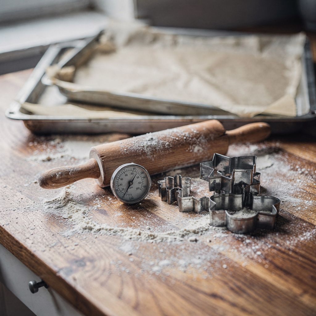 A floured wooden kitchen counter with an oven thermometer, a rolling pin, a stack of metal cookie cutters and two empty parchment-lined baking sheets, arranged with calm empty space around them.